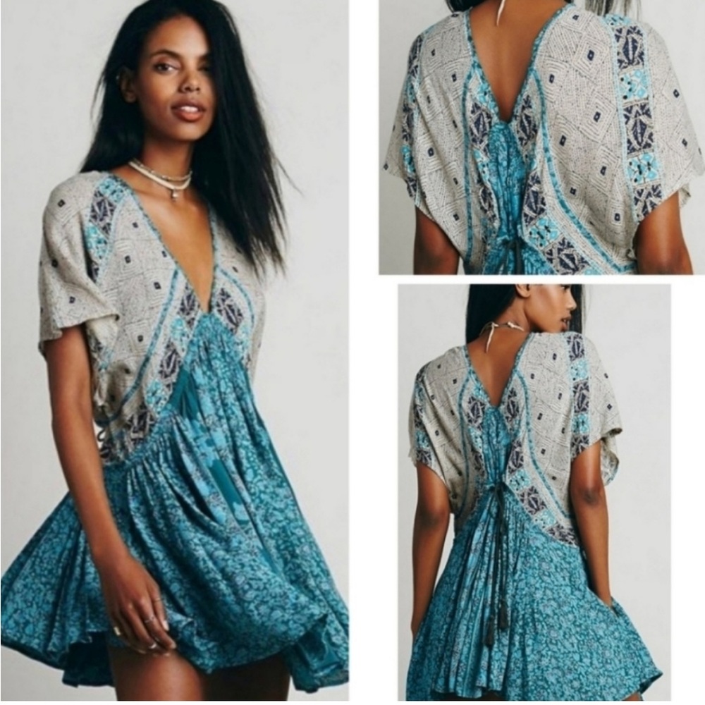 Free People Womens Wild World Mini Dress Boho Patterned with Tie